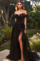 Load image into Gallery viewer, A Line Chiffon Off the Shoulder Long Black Tie Dress with Ruffles