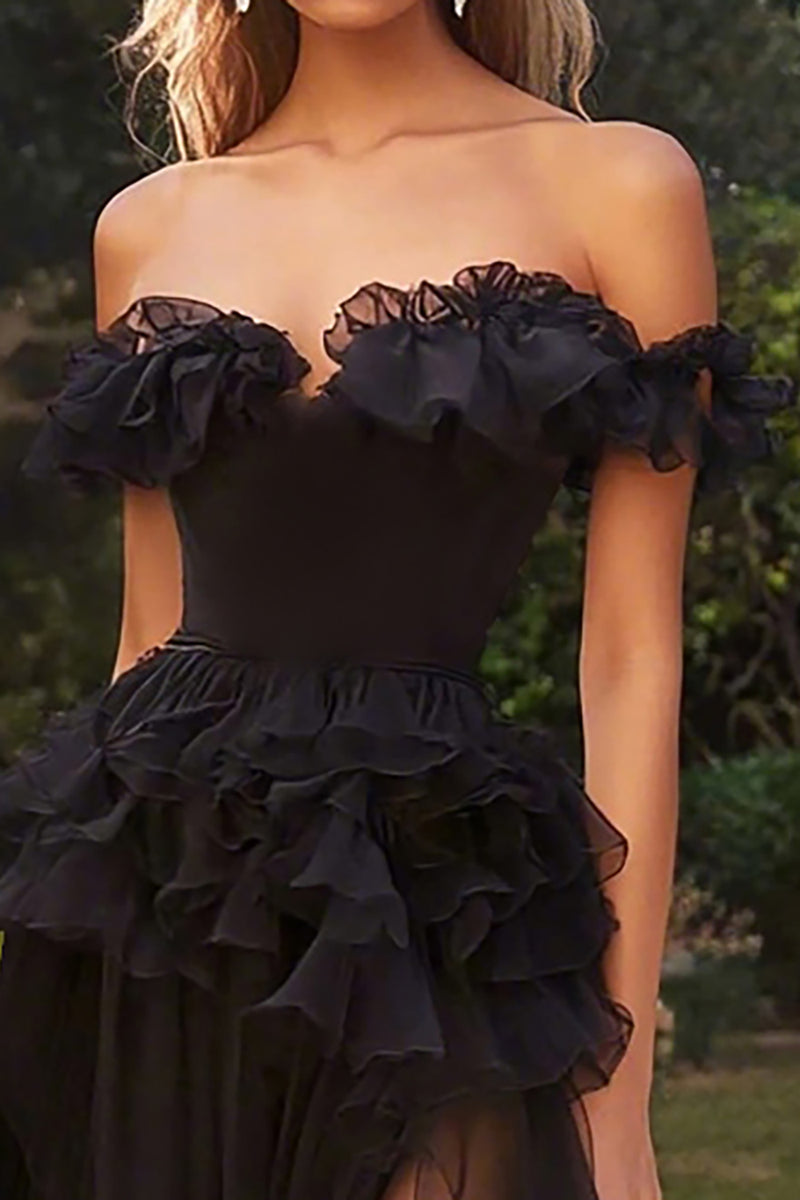 Load image into Gallery viewer, A Line Chiffon Off the Shoulder Long Black Tie Dress with Ruffles