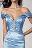 Load image into Gallery viewer, Sky Blue Satin Mermaid Off the Shoulder Long Prom Dress with Slit