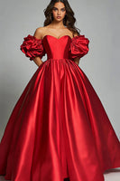 Load image into Gallery viewer, Red Satin Ball Gown Ruffled Long Prom Dress