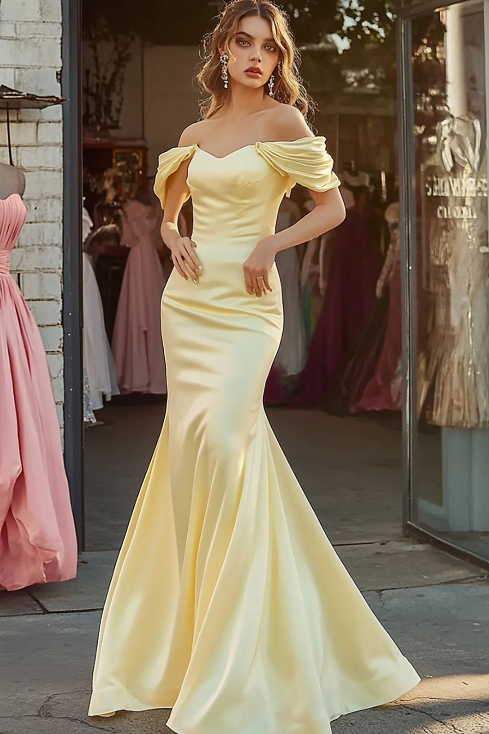 Daffodil Satin Mermaid Off the Shoulder Long Prom Dress