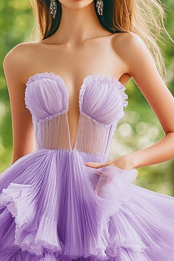 Lilac Tulle Ball Gown Tiered Long Prom Dress with Ruffles