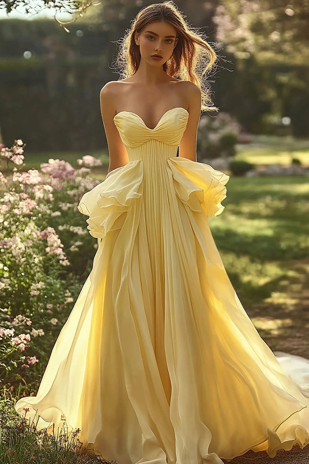 Daffodil Sweetheart Pleated Chiffon Long Prom Dress with Ruffles