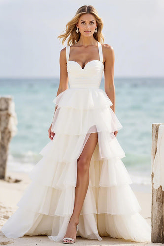 White A Line Tulle Tiered Wedding Dress with Slit