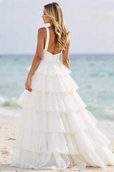 White A Line Tulle Tiered Wedding Dress with Slit