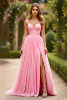 Load image into Gallery viewer, Pink A Line Chiffon Pleated Long Prom Dress with Slit
