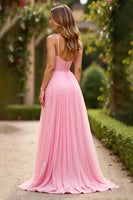 Load image into Gallery viewer, Pink A Line Chiffon Pleated Long Prom Dress with Slit