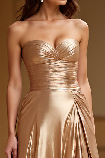 Metallic Gold A Line Sweetheart Long Prom Dress with Slit
