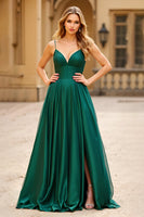 Load image into Gallery viewer, Dark Green A Line Satin Spaghetti Straps Long Prom Dress with Slit