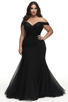 Load image into Gallery viewer, Black Mermaid Off the Shoulder Plus Size Prom Dress with Appliques