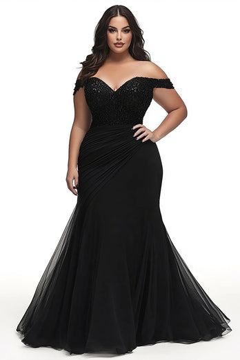 Black Mermaid Off the Shoulder Plus Size Prom Dress with Appliques