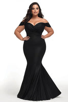 Load image into Gallery viewer, Black Mermaid Satin Off the Shoulder Ruched Plus Size Prom Dress