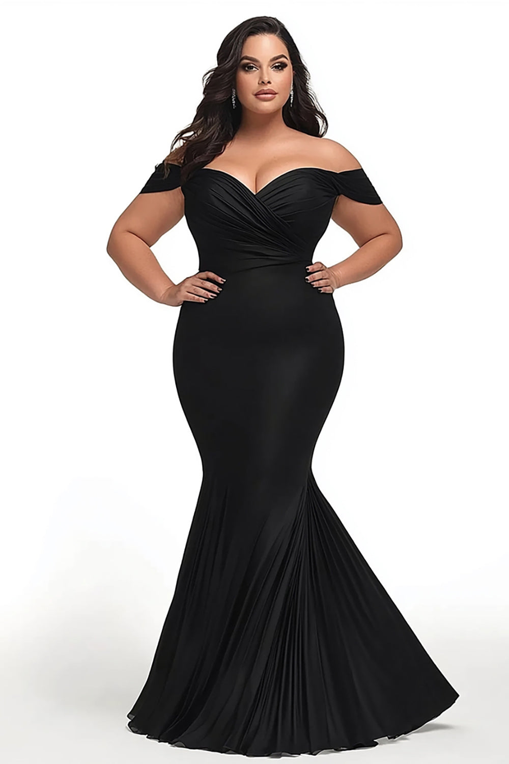 Black Mermaid Satin Off the Shoulder Ruched Plus Size Prom Dress