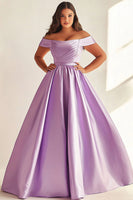 Load image into Gallery viewer, Simple Lilac A Line Satin Off the Shoulder Plus Size Prom Dress