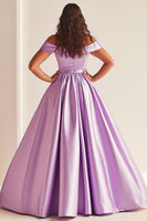Load image into Gallery viewer, Simple Lilac A Line Satin Off the Shoulder Plus Size Prom Dress