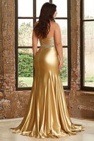 Load image into Gallery viewer, Gold A Line Satin Strapless Plus Size Prom Dress with Slit