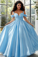 Load image into Gallery viewer, Sky Blue Cold Shoulder Satin A Line Plus Size Prom Dress