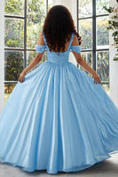 Load image into Gallery viewer, Sky Blue Cold Shoulder Satin A Line Plus Size Prom Dress
