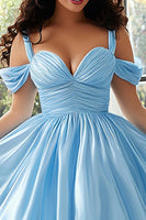 Load image into Gallery viewer, Sky Blue Cold Shoulder Satin A Line Plus Size Prom Dress