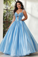 Load image into Gallery viewer, Sky Blue Keyhole Spaghetti Straps Ruched A Line Plus Size Prom Dress