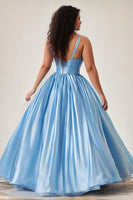Load image into Gallery viewer, Sky Blue Keyhole Spaghetti Straps Ruched A Line Plus Size Prom Dress