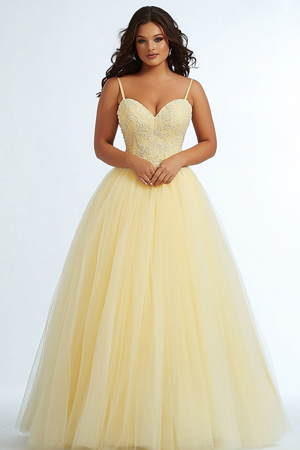 Daffodil Spaghetti Straps A Line Plus Size Prom Dress with Appliques