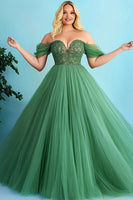 Load image into Gallery viewer, Green Off the Shoulder A Line Long Prom Dress with Appliques