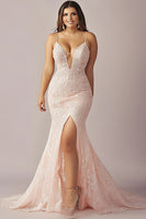 Load image into Gallery viewer, Pink Lace Mermaid Spaghetti Straps Long Prom Dress with Slit