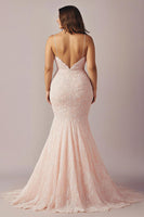 Load image into Gallery viewer, Pink Lace Mermaid Spaghetti Straps Long Prom Dress with Slit