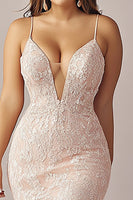 Load image into Gallery viewer, Pink Lace Mermaid Spaghetti Straps Long Prom Dress with Slit