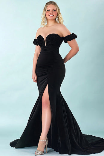 Black Mermaid Satin Off the Shoulder Plus Size Prom Dress with Slit