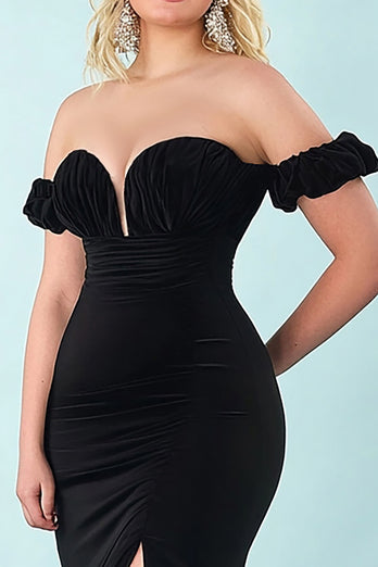 Black Mermaid Satin Off the Shoulder Plus Size Prom Dress with Slit