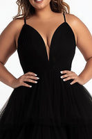 Load image into Gallery viewer, Simple Black Tiered Spaghetti Straps A Line Plus Size Prom Dress