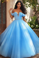 Load image into Gallery viewer, Sky Blue Off the Shoulder Ruched Ball Gown Plus Size Prom Dress