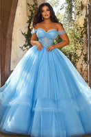 Load image into Gallery viewer, Sky Blue Ball Gown Tiered Off the Shoulder Plus Size Prom Dress