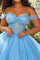 Load image into Gallery viewer, Sky Blue Ball Gown Tiered Off the Shoulder Plus Size Prom Dress