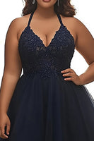 Load image into Gallery viewer, Navy A Line Plus Size Halter Neck Appliqued Long Prom Dress