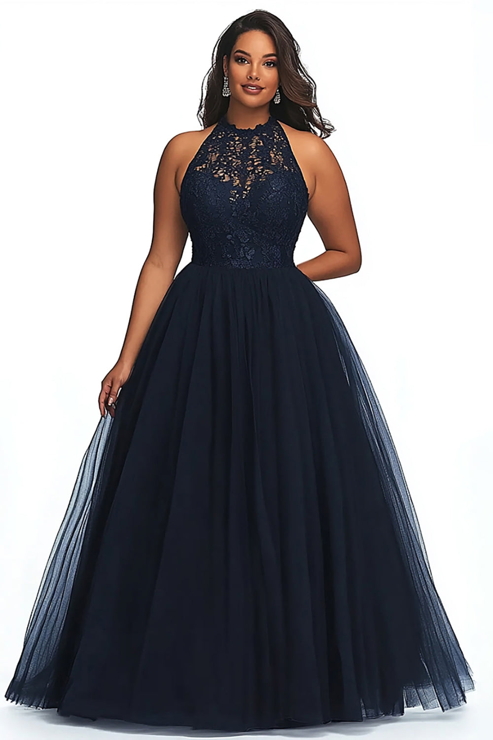 A Line Navy Illusion Neck Long Plus Size Prom Dress with Appliques