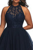 Load image into Gallery viewer, A Line Navy Illusion Neck Long Plus Size Prom Dress with Appliques