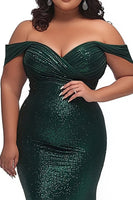 Load image into Gallery viewer, Dark Green Off the Shoulder Mermaid Plus Size Ruched Prom Dress with Slit