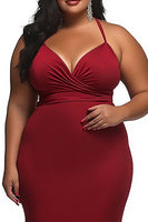 Load image into Gallery viewer, Red Satin Spaghetti Straps Sheath Ruched Plus Size Prom Dress