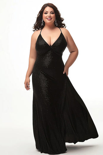 Simple Black Halter Sheath Plus Size Prom Dress with Sequins