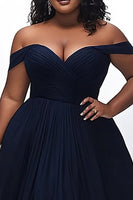 Load image into Gallery viewer, Navy Off the Shoulder Ruched A Line Plus Size Prom Dress