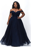 Load image into Gallery viewer, Navy Off the Shoulder Ruched A Line Plus Size Prom Dress