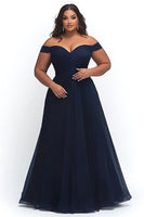 Load image into Gallery viewer, Simple A Line Navy Off the Shoulder Ruched Plus Size Prom Dress