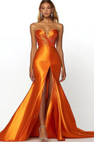 Load image into Gallery viewer, Orange Satin Sweetheart Long Mermaid Prom Dress with Slit