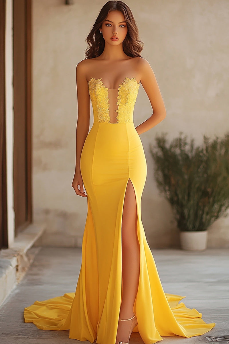 Load image into Gallery viewer, Yellow Chiffon Sweetheart Long Mermaid Prom Dress with Lace