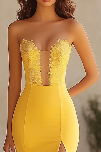 Yellow Chiffon Sweetheart Long Mermaid Prom Dress with Lace