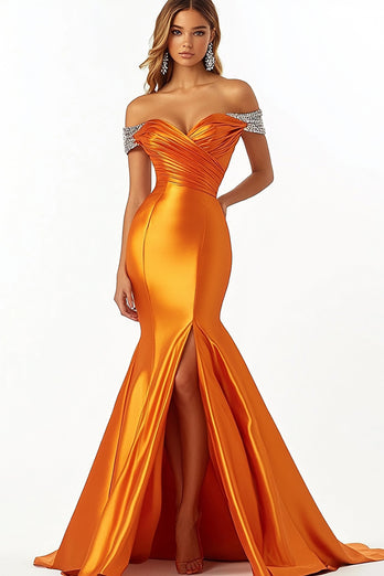 Sparkly Orange Satin Long Mermaid Prom Dress with Slit
