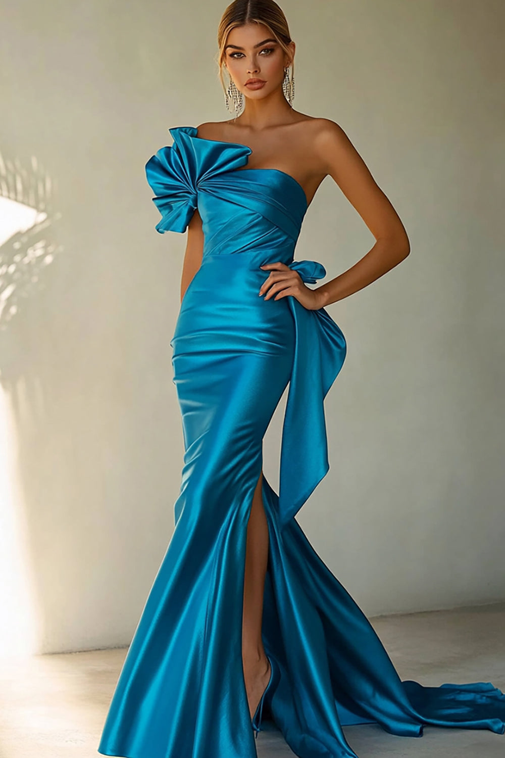 Royal Blue Satin One Shoulder Long Mermaid Prom Dress with Slit